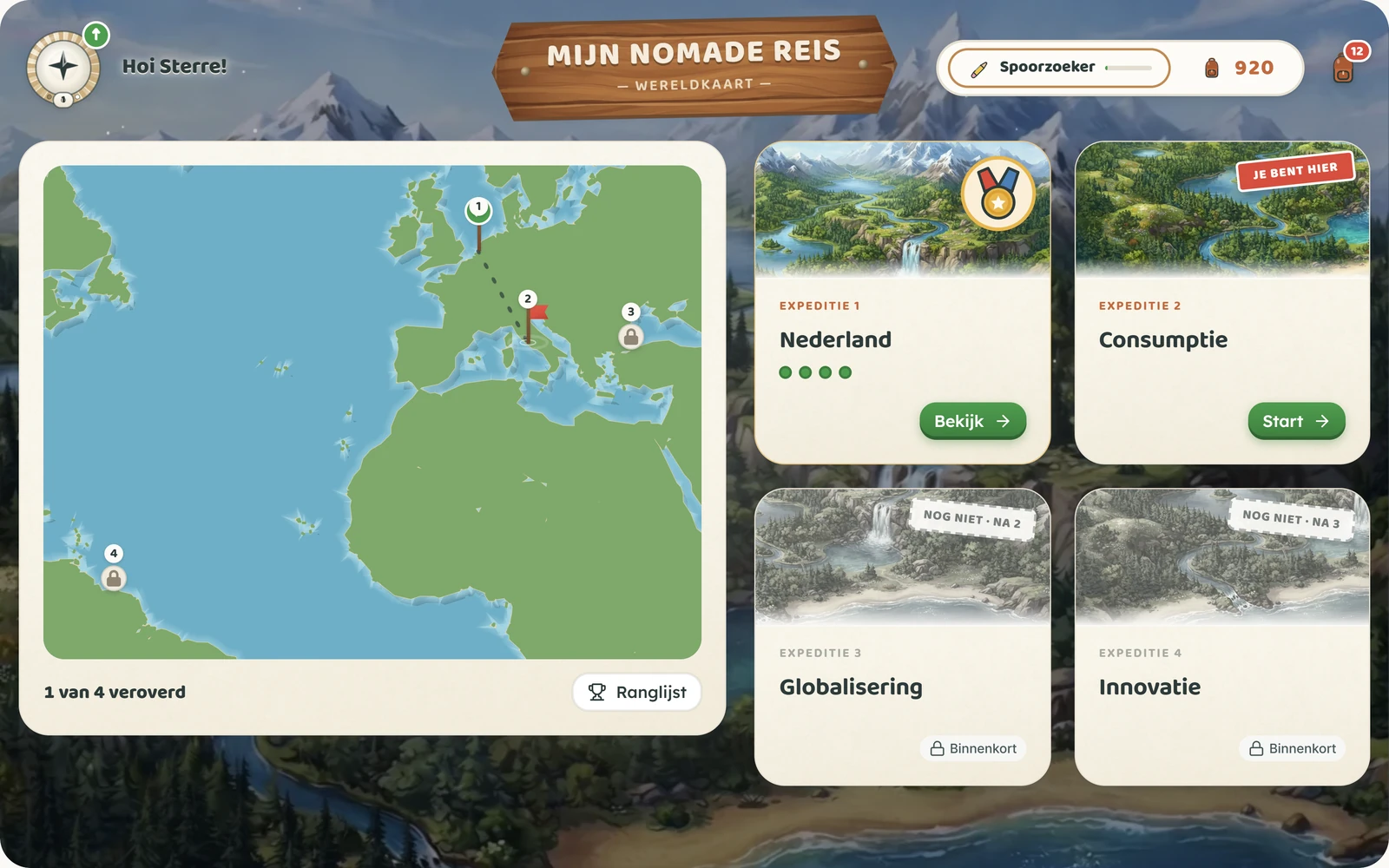 Wereldkaart in Mijn Nomade, de digitale leerlingomgeving van Nomade