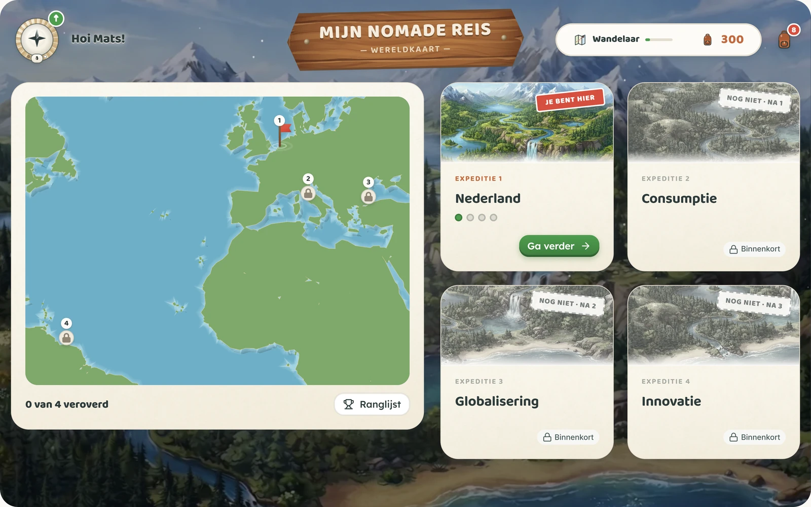 Expedities en wereldkaart in de digitale leerlingomgeving van Nomade